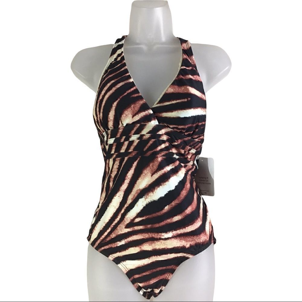 Athena Brown Tiger Stripe Print Cross Strap Halter Swimsuit